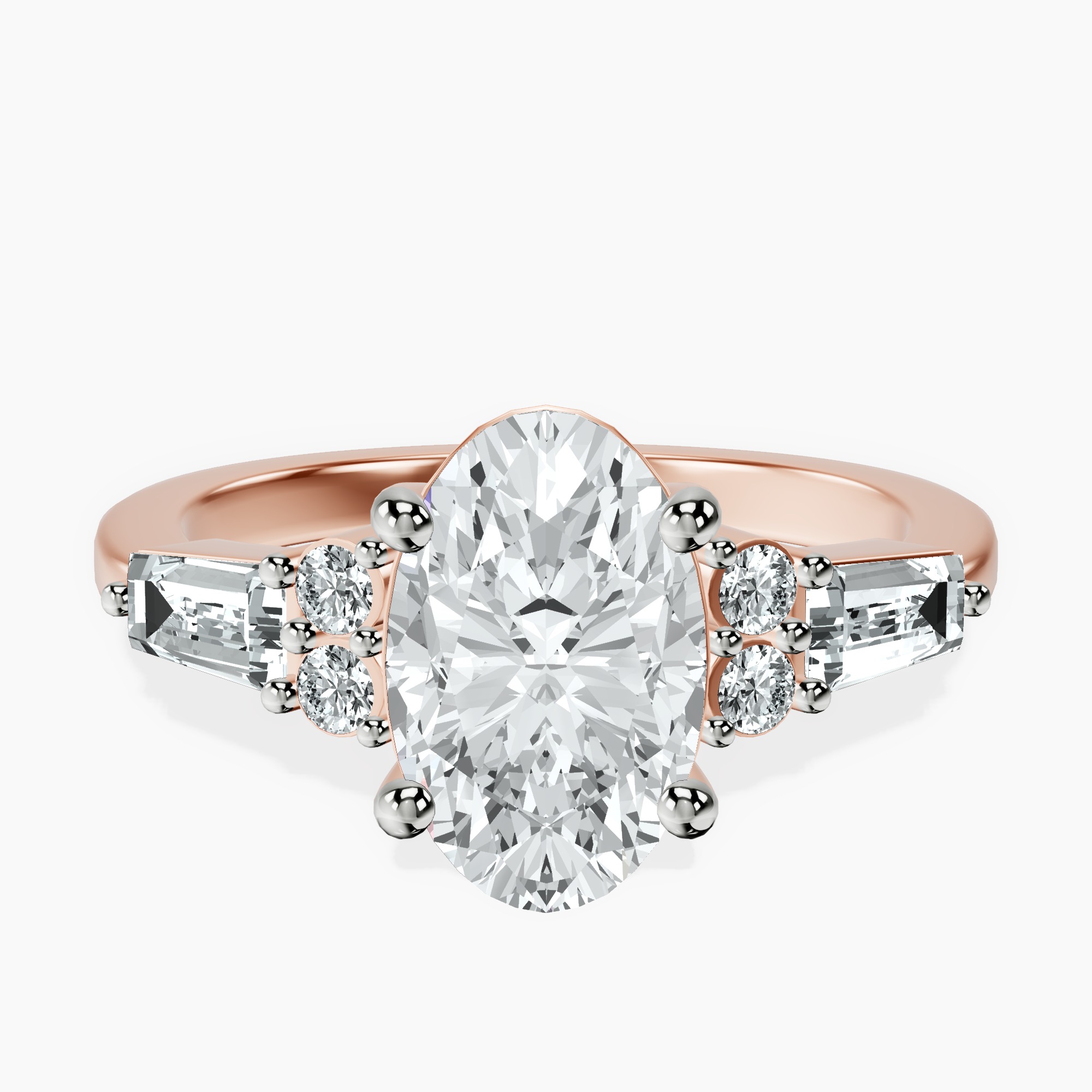 1.37 ct. oval Helia Tapered Baguette Lab Diamond Ring in 14kt rose gold rtr top