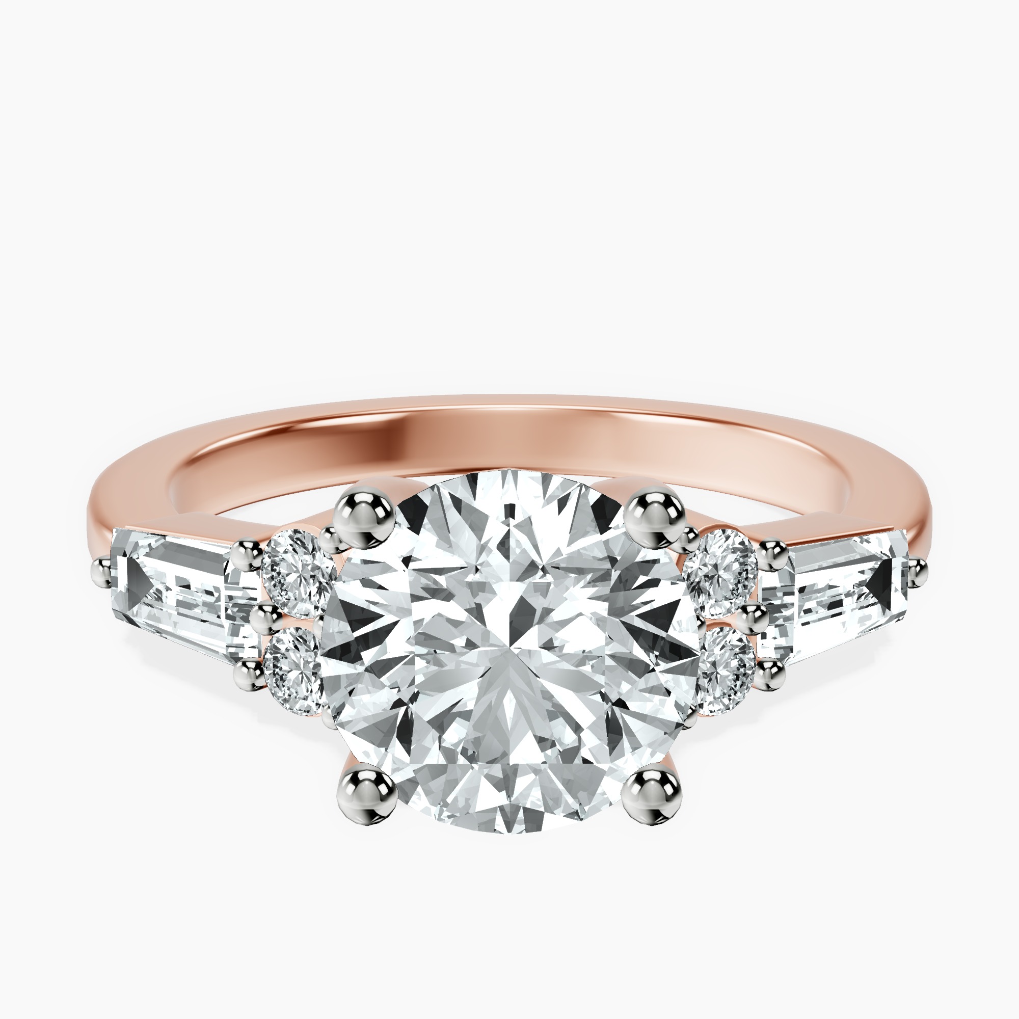1.41 ct. round Helia Tapered Baguette Lab Diamond Ring in 10kt rose gold rtr top