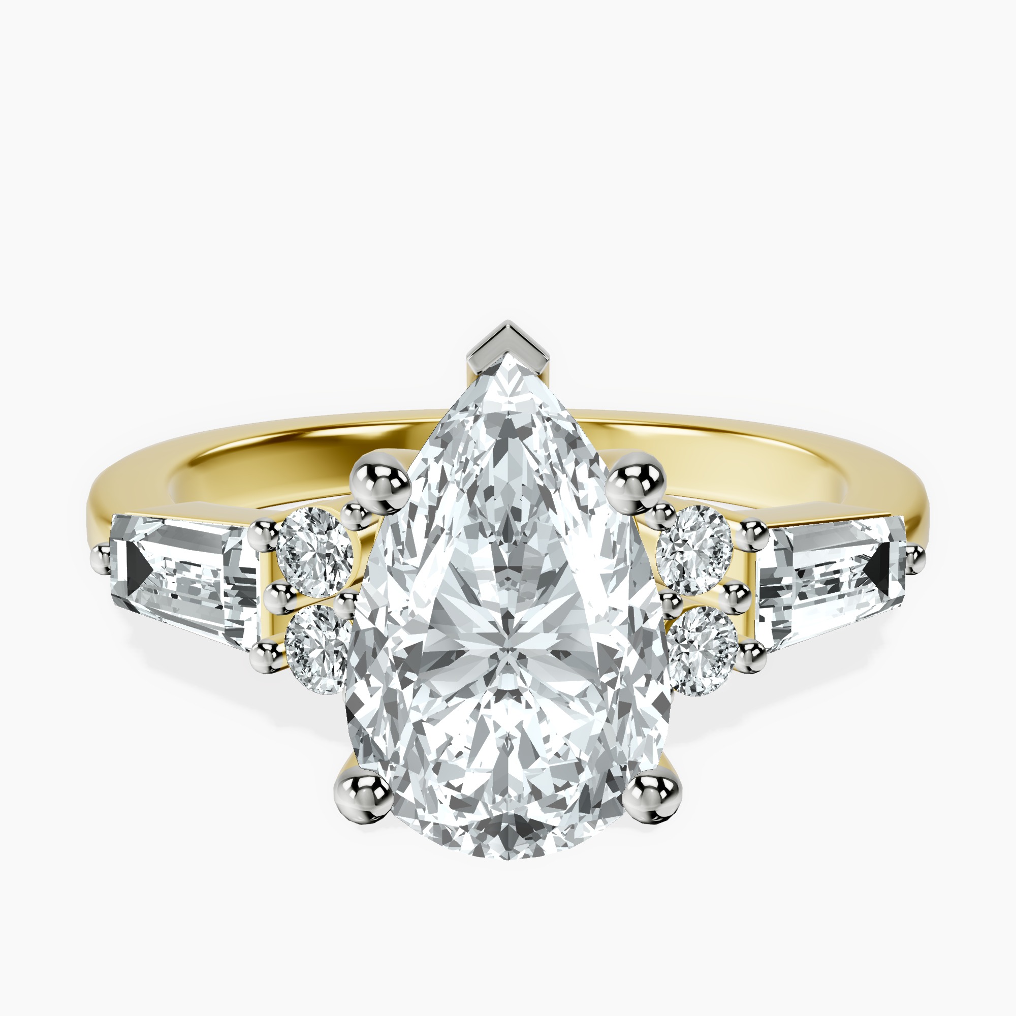 2.96 ct. pear Helia Tapered Baguette Lab Diamond Ring in 14kt yellow gold rtr top