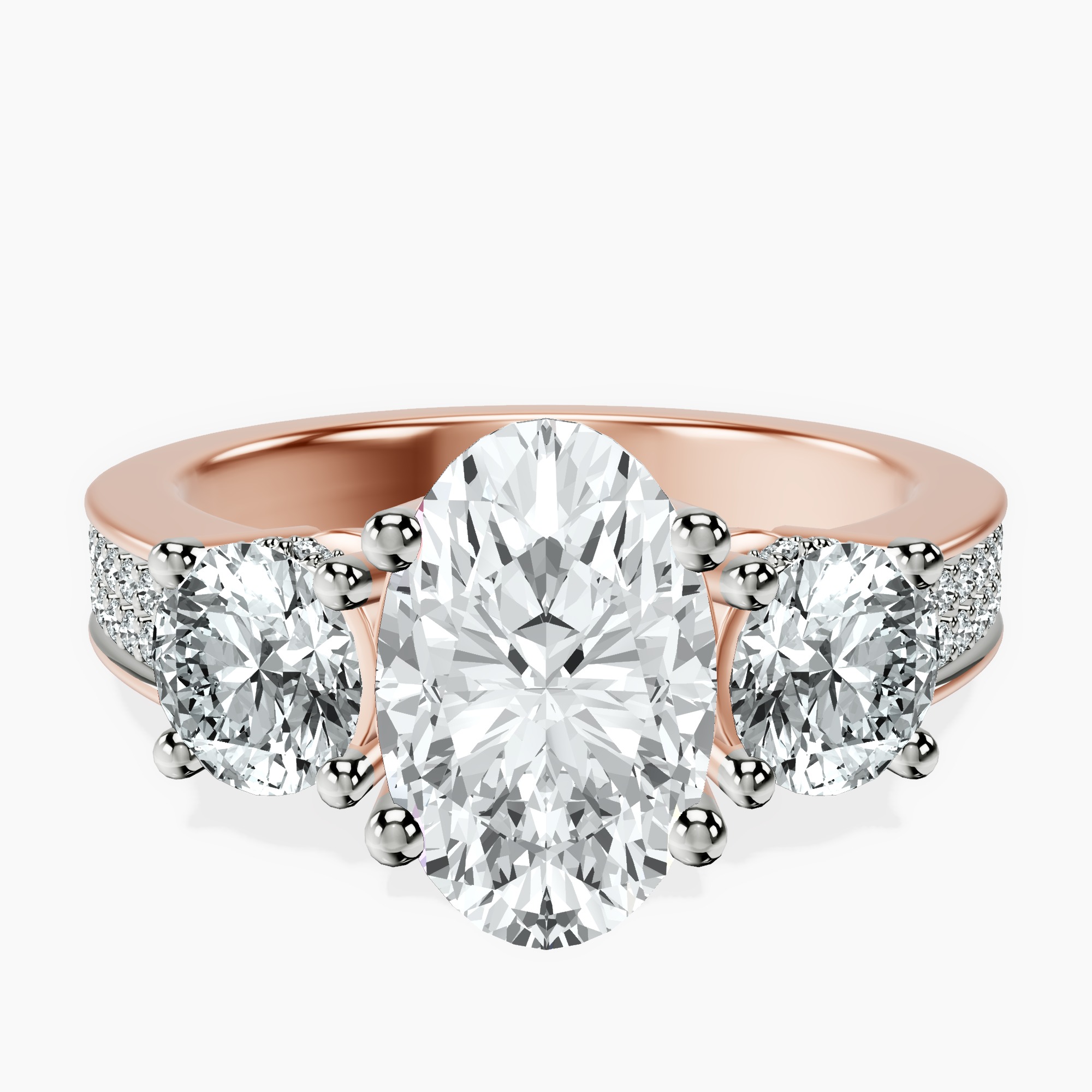 2.40 ct. oval Desdemona Round Three Stone Lab Diamond Ring in 10kt rose gold rtr top