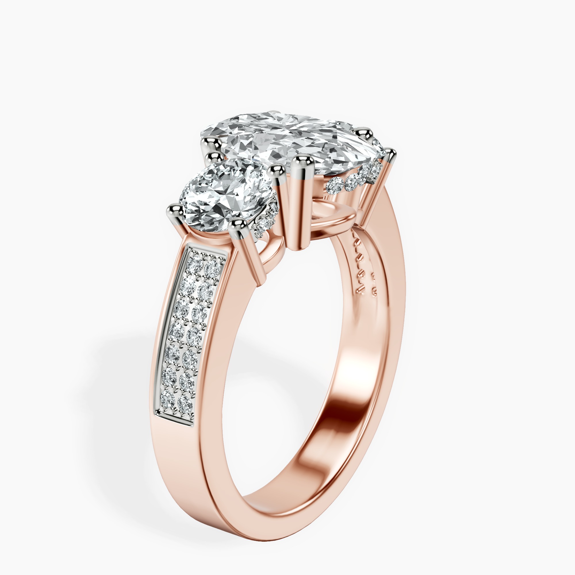 2.40 ct. oval Desdemona Round Three Stone Lab Diamond Ring in 10kt rose gold standing product image one