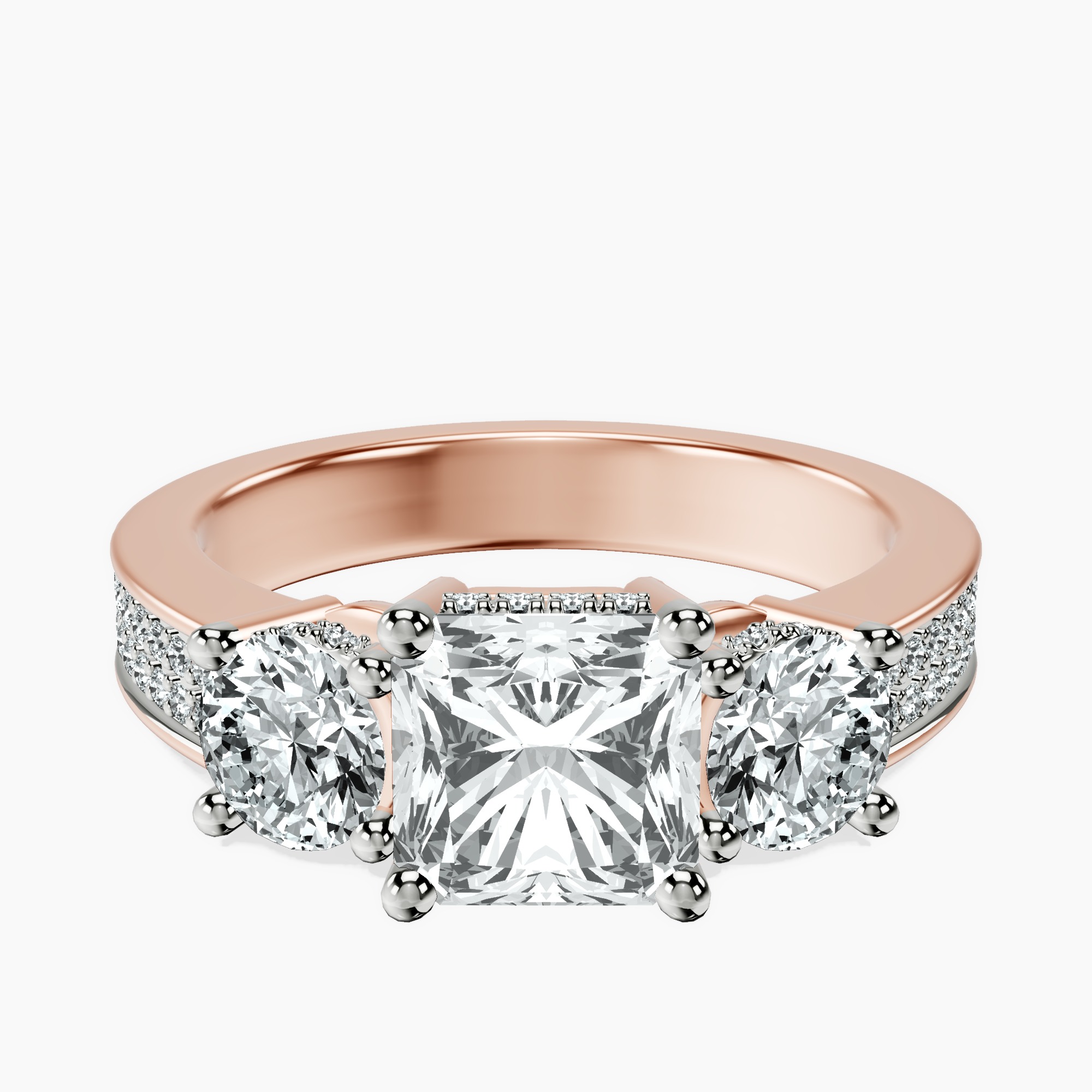 2.94 ct. radiant Desdemona Round Three Stone Lab Diamond Ring in 10kt rose gold rtr top