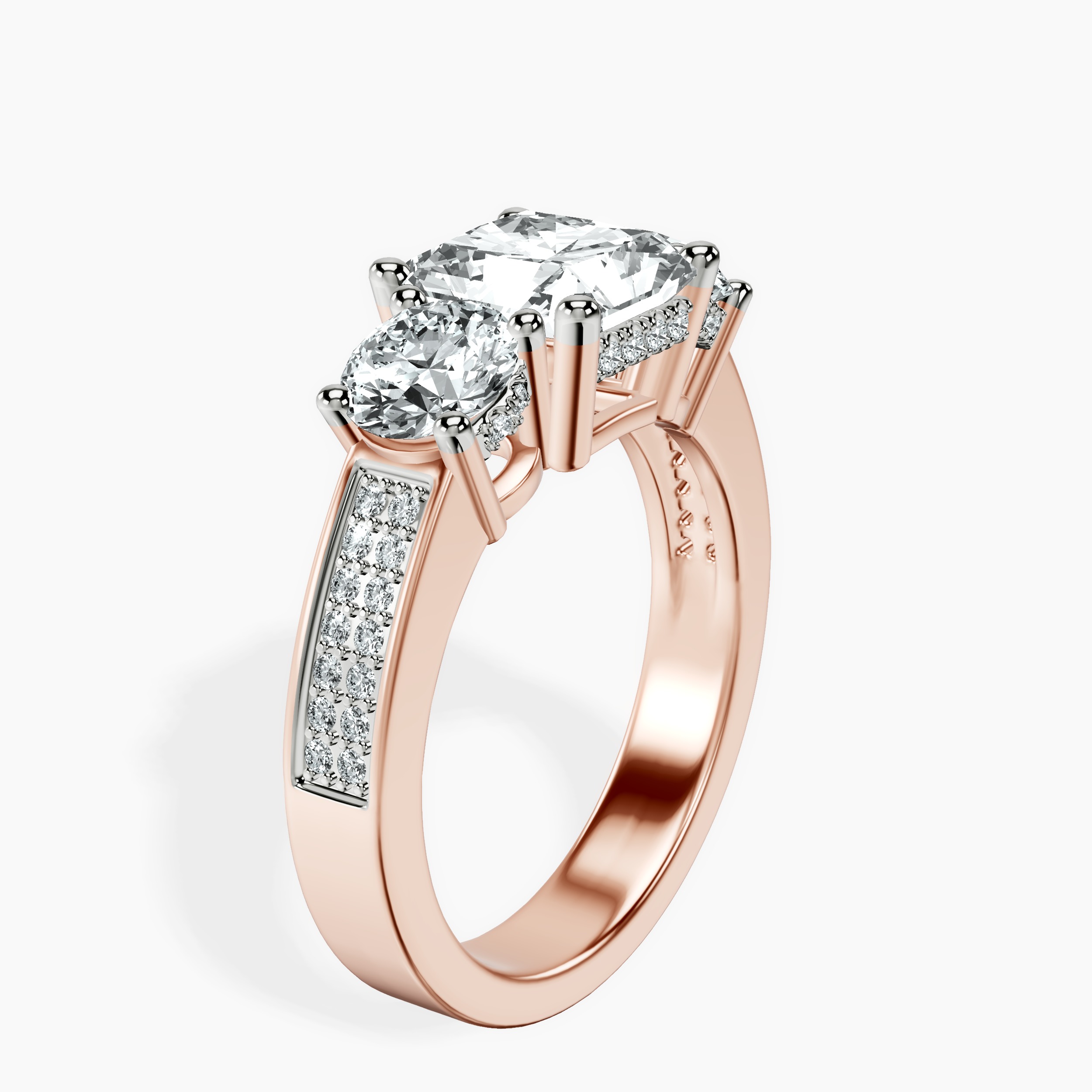2.94 ct. radiant Desdemona Round Three Stone Lab Diamond Ring in 10kt rose gold standing product image one