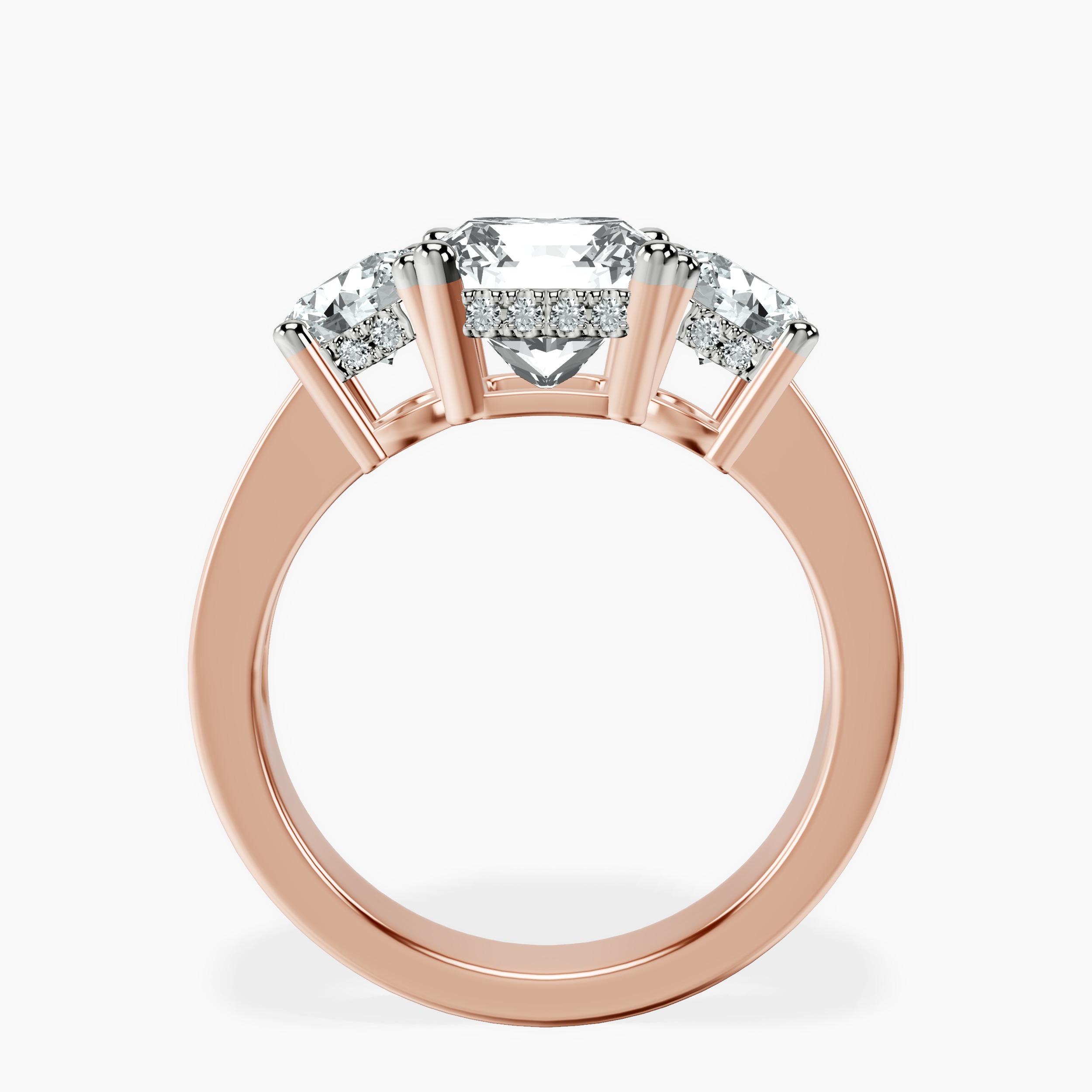 2.94 ct. radiant Desdemona Round Three Stone Lab Diamond Ring in 10kt rose gold side right image one
