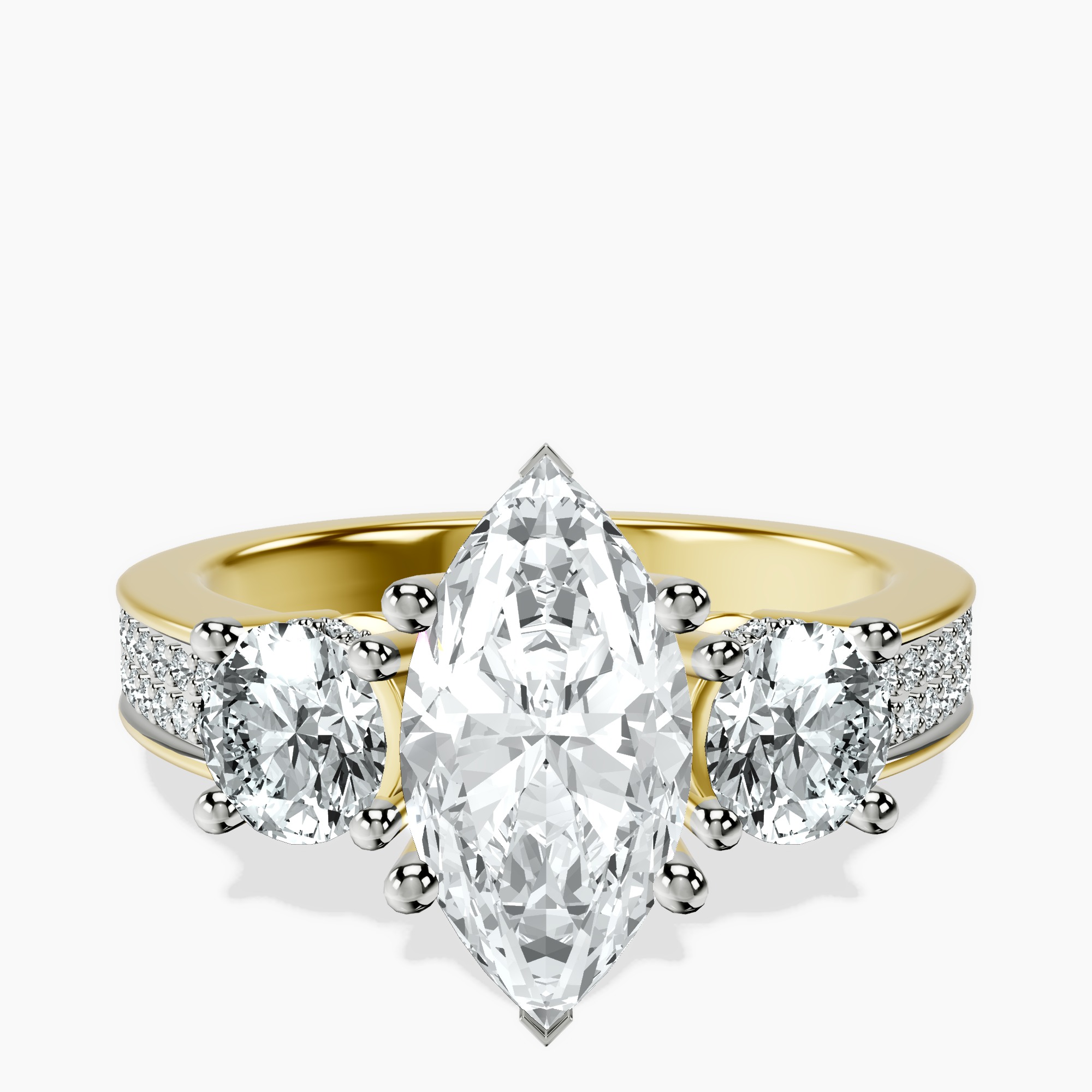 2.73 ct. marquise Desdemona Round Three Stone Lab Diamond Ring in 10kt yellow gold rtr top
