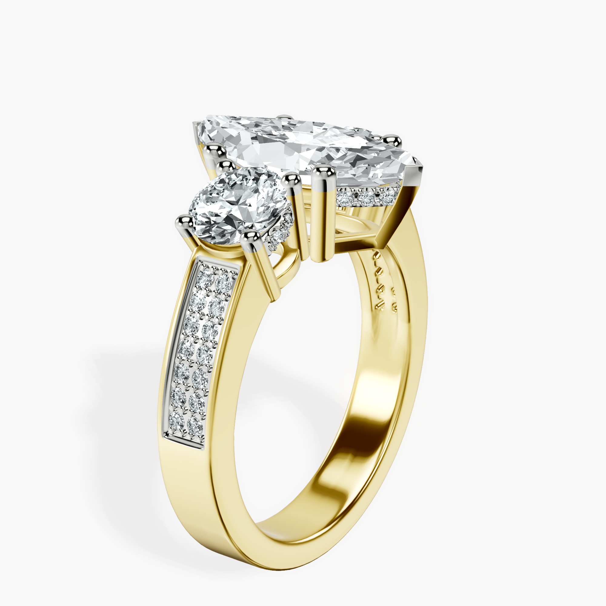 2.73 ct. marquise Desdemona Round Three Stone Lab Diamond Ring in 10kt yellow gold standing product image one