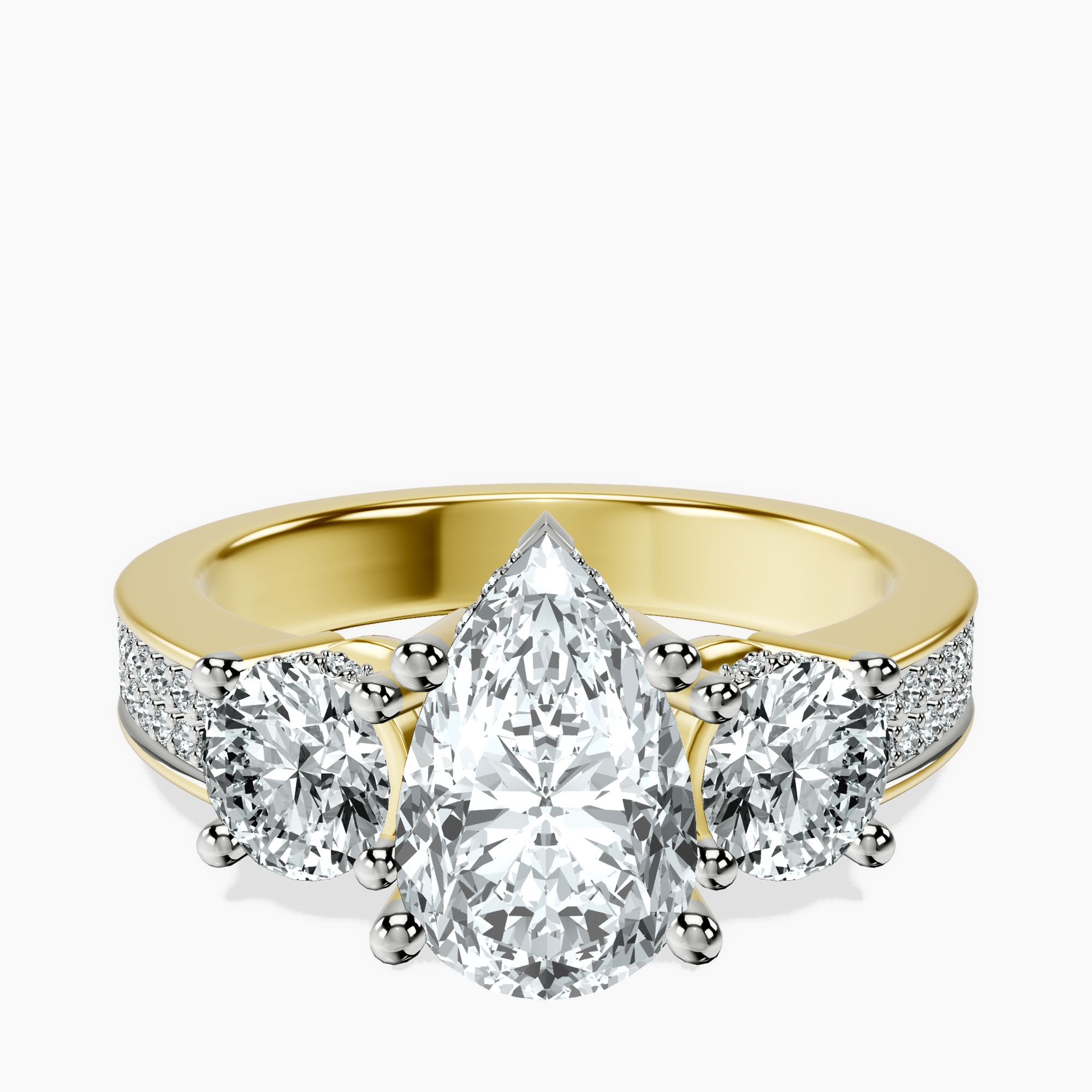 1.34 ct. pear Desdemona Round Three Stone Lab Diamond Ring in 18kt yellow gold rtr top