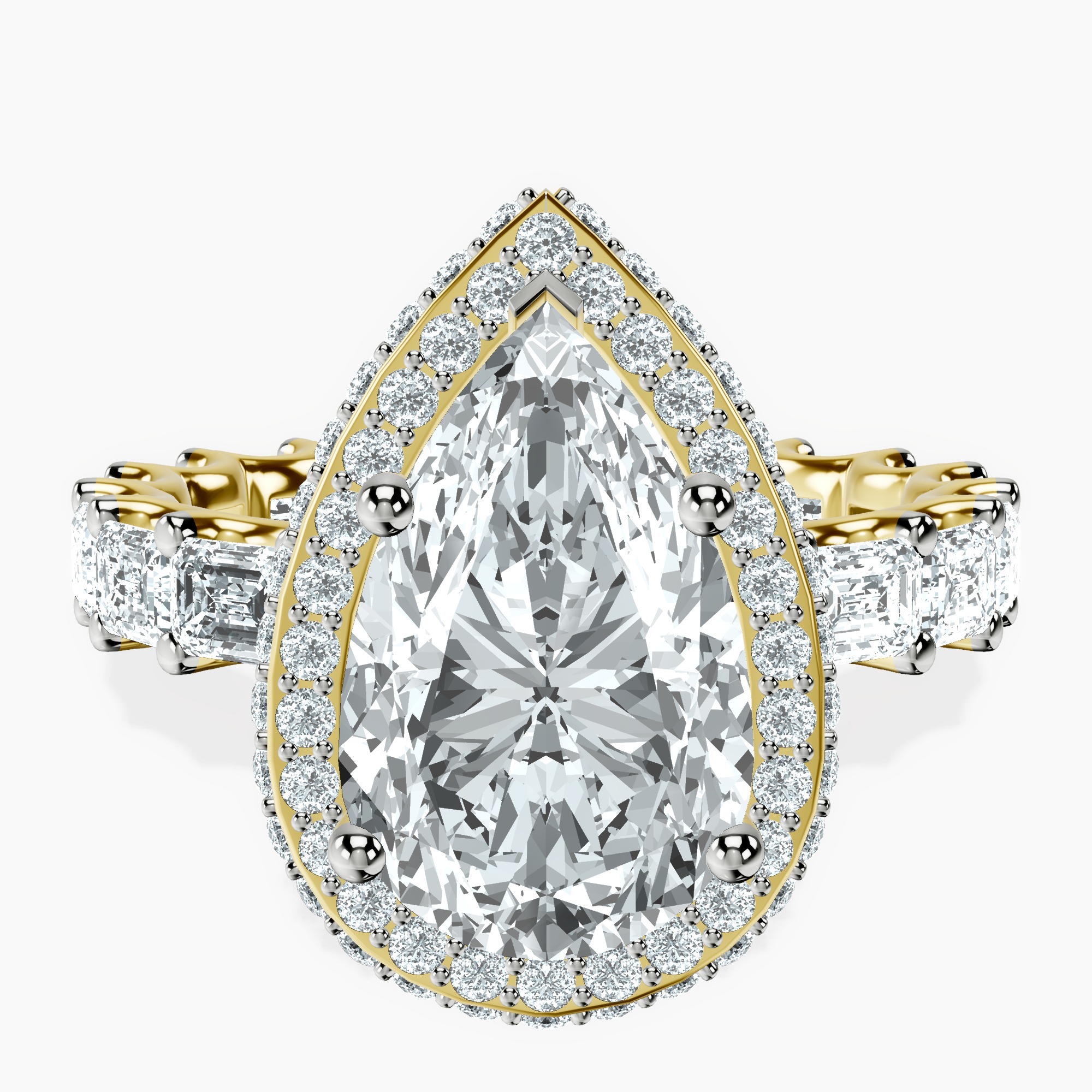 1.85 ct. pear Amaryllis Side Emerald Lab Diamond Ring in 14kt yellow gold rtr top