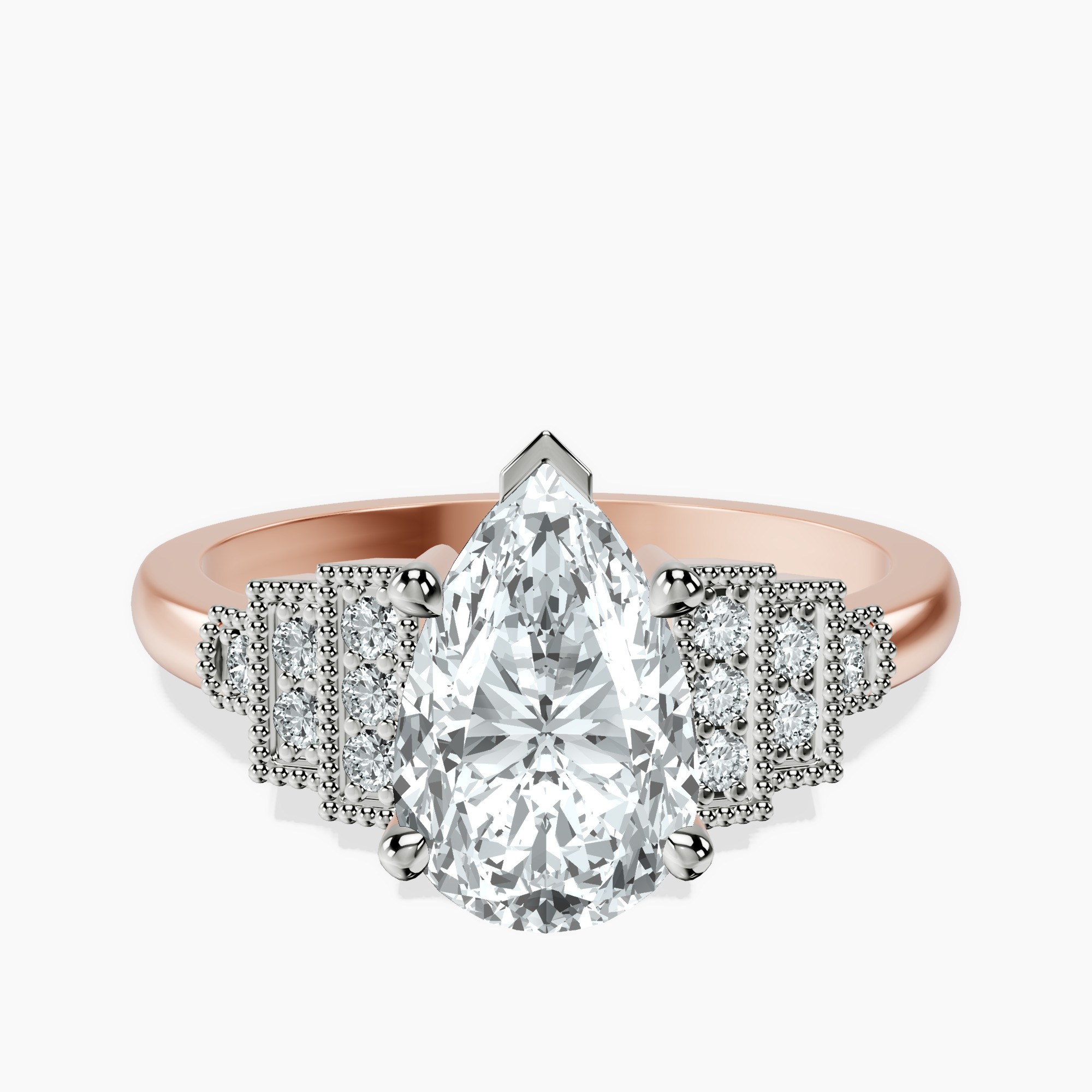 2.96 ct. pear Joy Side Stone Ring in 10kt rose gold rtr top