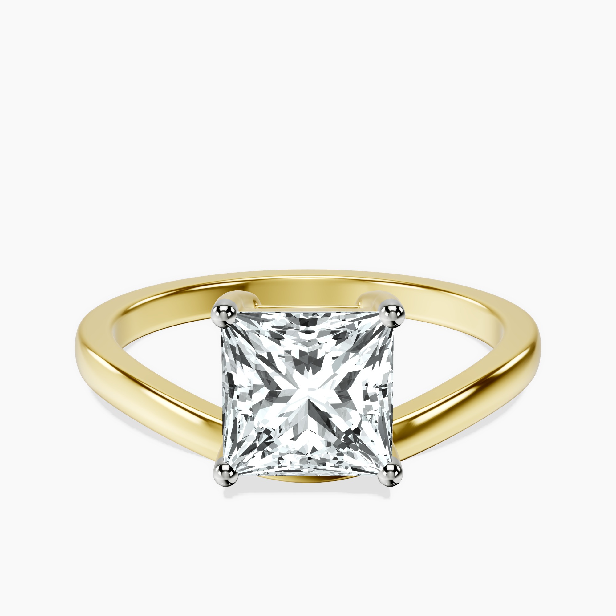 1.31 ct. princess Crest Four Prong Solitaire Lab Diamond Ring in 18kt yellow gold rtr top