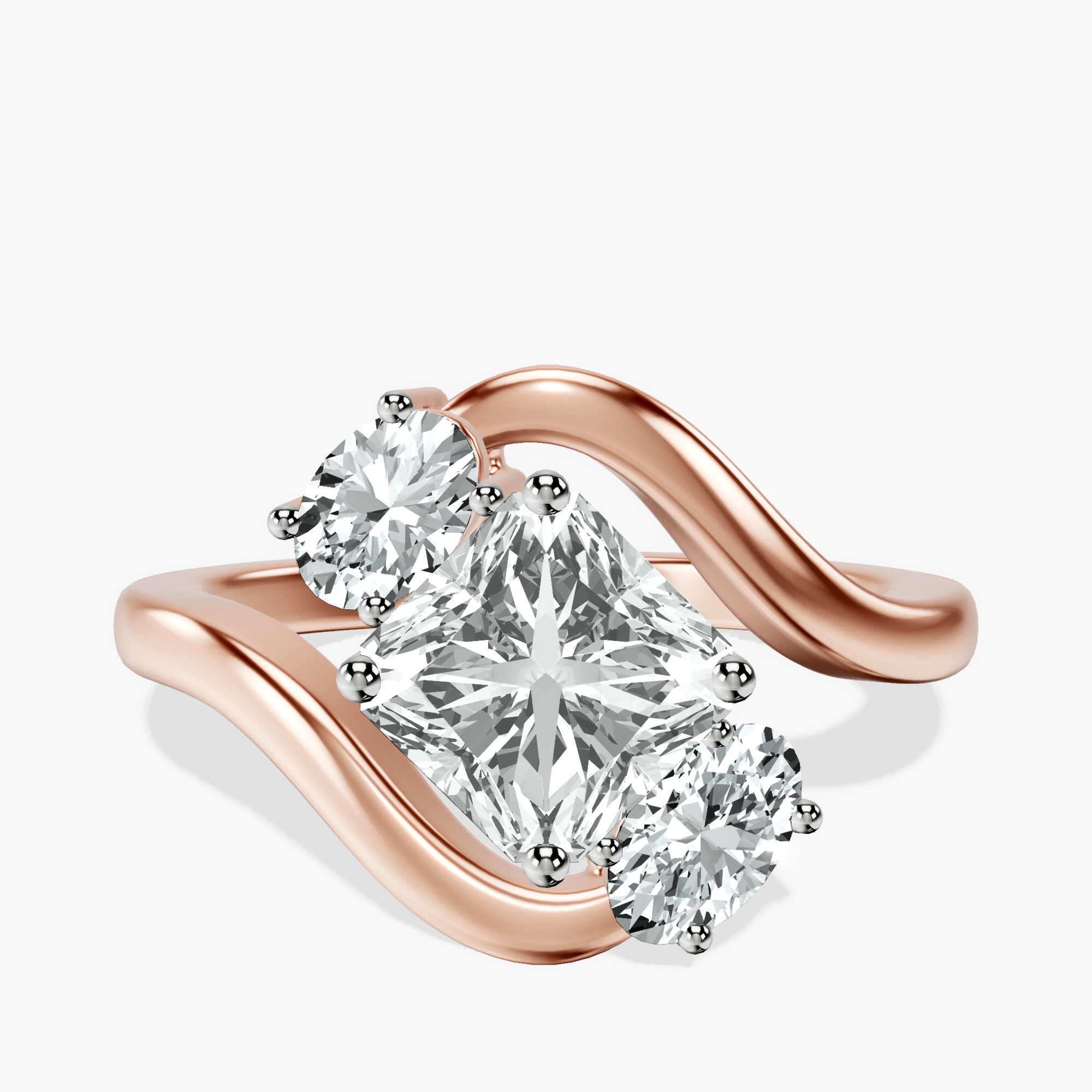 2.94 ct. radiant Three Stone Crest Lab Diamond Ring in 14kt rose gold rtr top