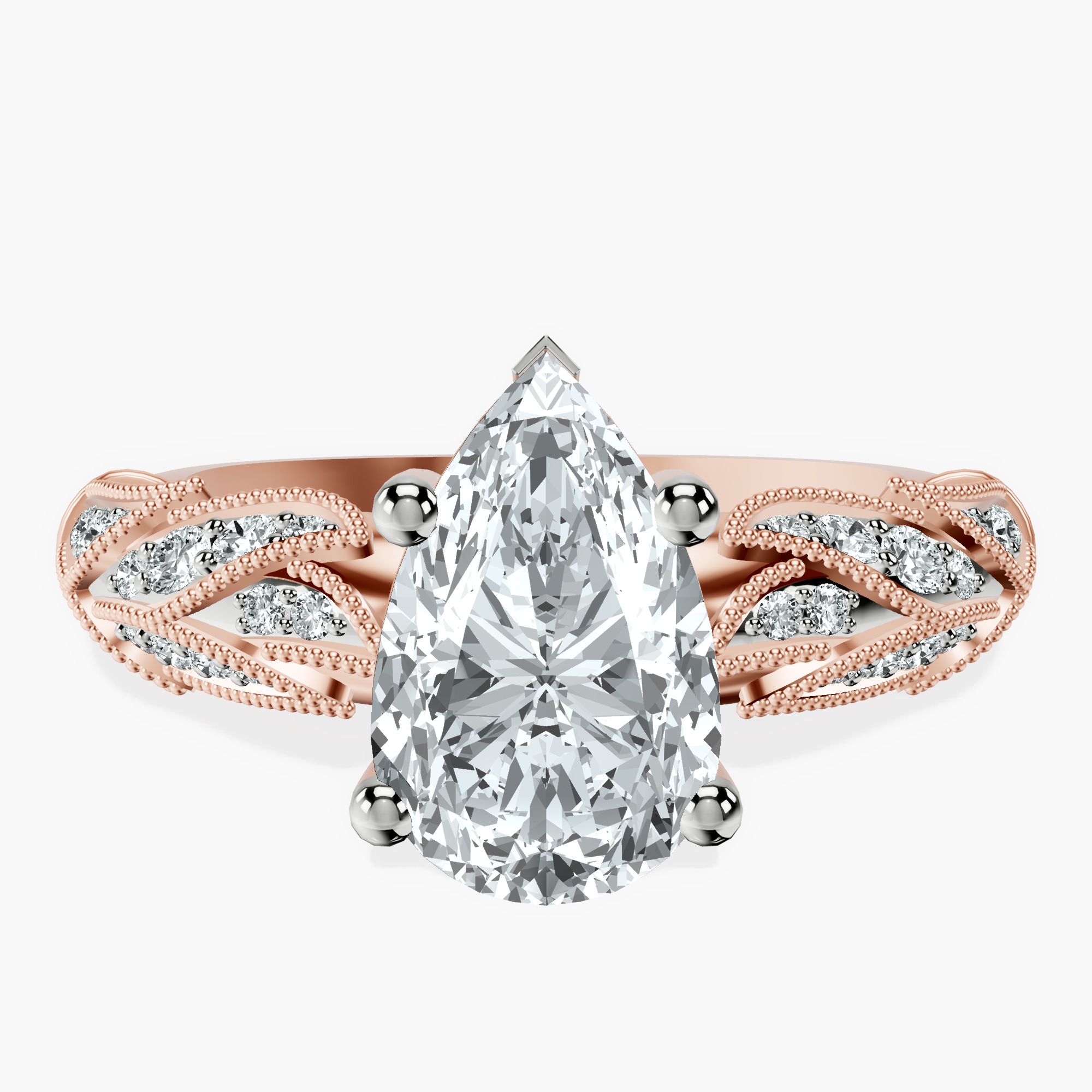 1.85 ct. pear Vintage Willow Ring in 10kt rose gold rtr top