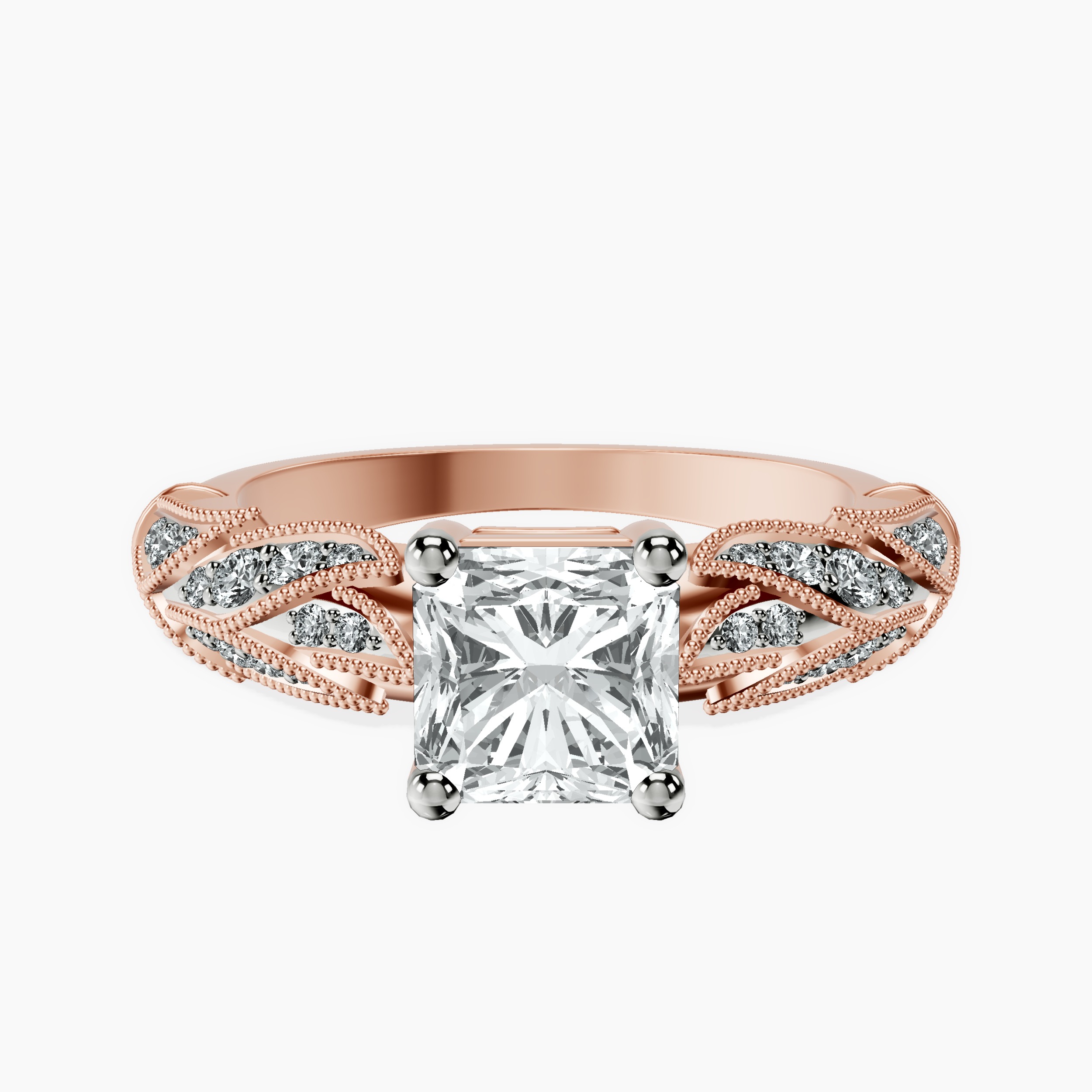2.94 ct. radiant Vintage Willow Ring in 10kt rose gold rtr top