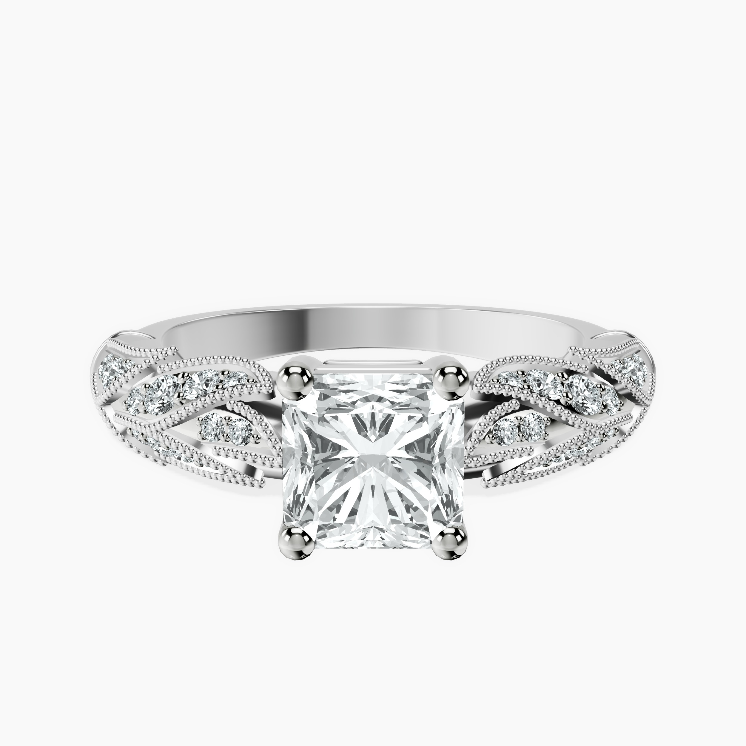 2.94 ct. radiant Vintage Willow Ring in 14kt white gold rtr top