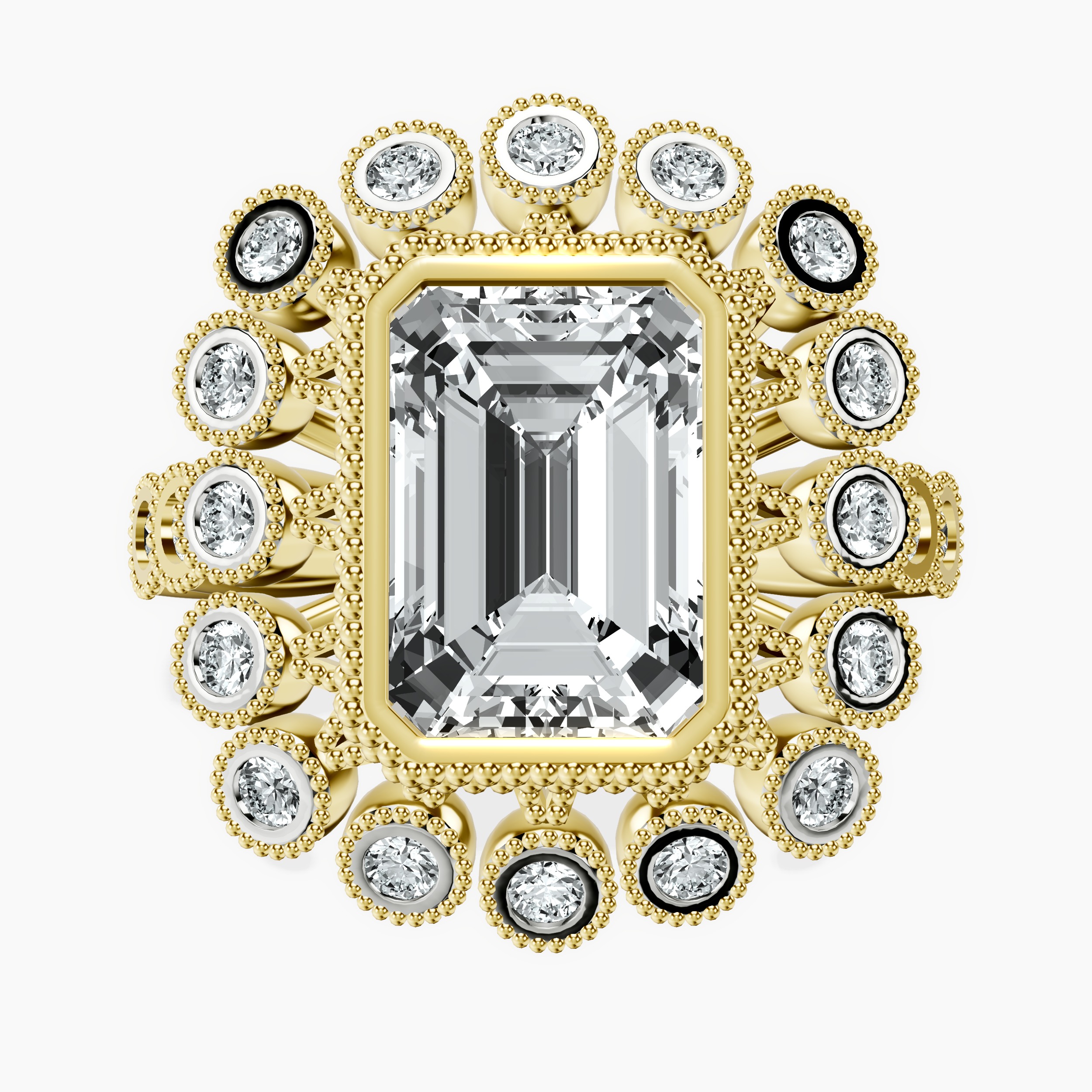 2.16 ct. emerald Bloom Vintage Halo Ring in 18kt yellow gold rtr top