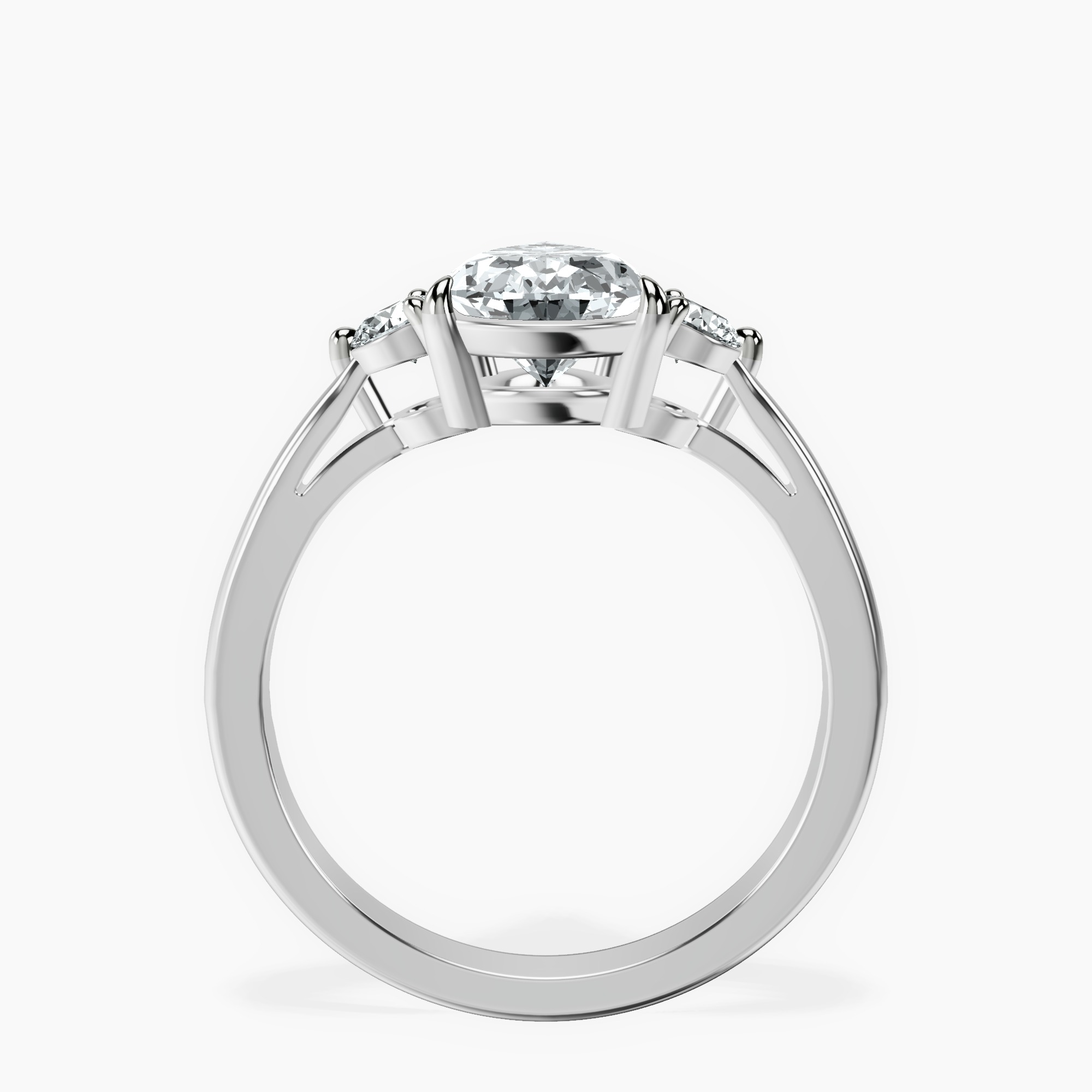 2.59 ct. pear Synthia Three Stone Ring in platinum side right image one